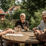 Seniorer spelar kort vid ett bord. Solig veranda.