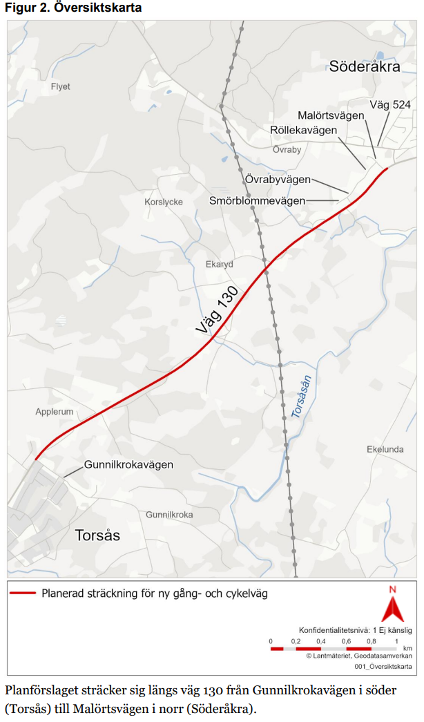 En kartbild som visar sträckan där cykelvägen ska gå.