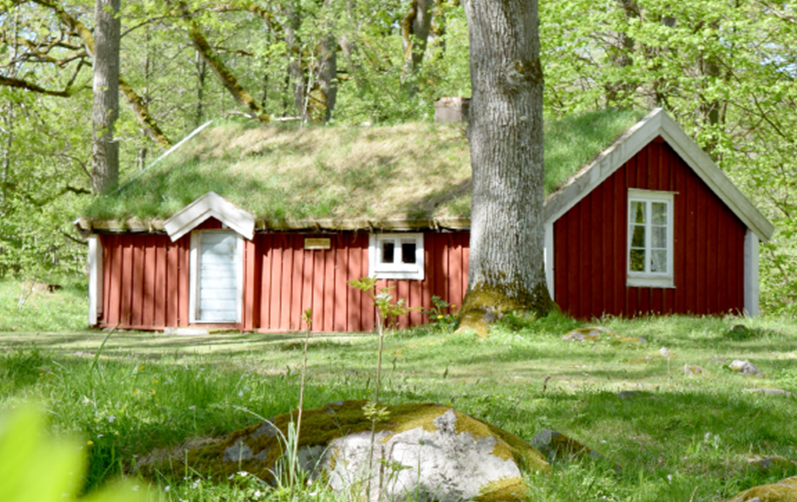 Röd stuga i naturen