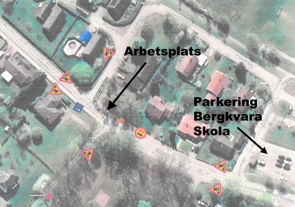 Karta över delar av storgatan i Bergkvara där arbetsplatsen för vägarbetet är markerat.