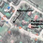 Karta över delar av storgatan i Bergkvara där arbetsplatsen för vägarbetet är markerat.